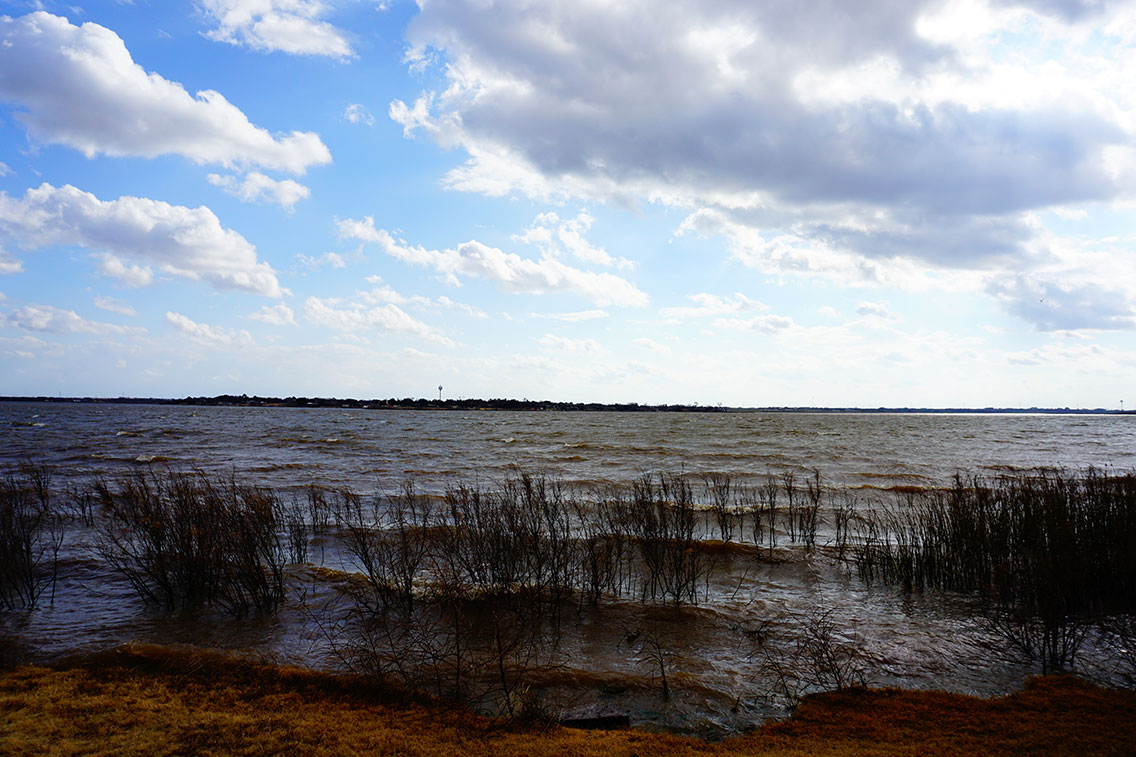 lake wichita shoreline with blue cloudy skies and grasses