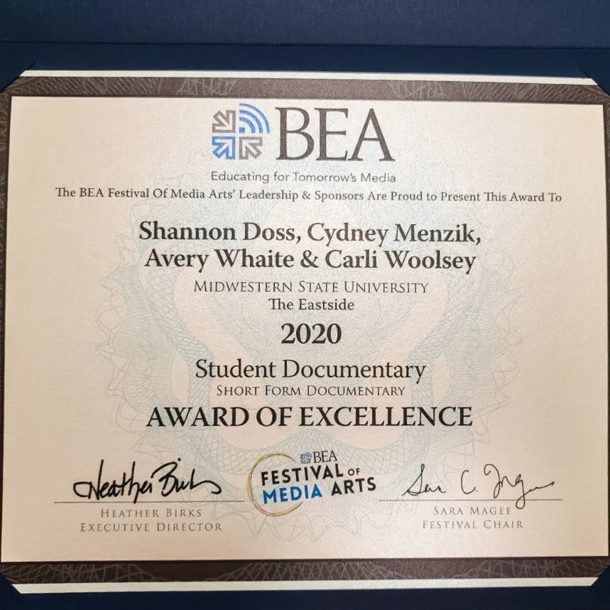 Photo of the Broadcast Education Association award MSU students won in 2020
