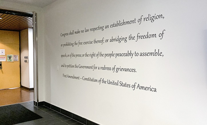 Decorative text wall decal with the First Amendment of the Constitution of the United States of America.