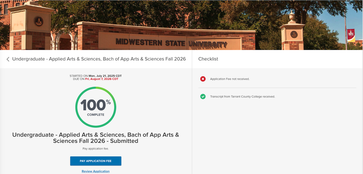 Shows a sample application portal with checklist on the right of screen. 