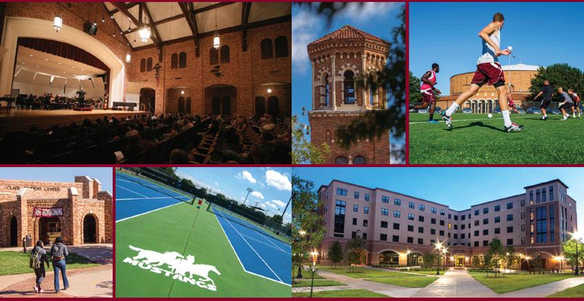 Collage of campus photos of buildings and tennis court.