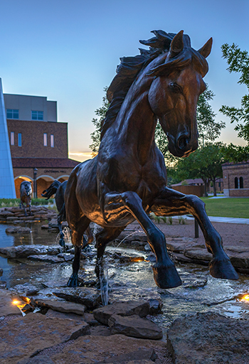 One of the four mustangs representing the student's academic journey from freshman to senior year, at the Spirit of the Mustangs statue located near Centennial Hall.