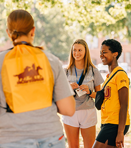 A group of happy students chat in the quad on a bright, sunny day.