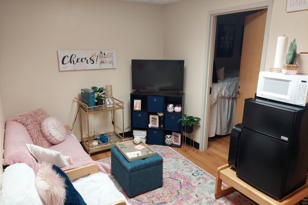 McCullough-Trigg Hall, living room interior. Looking into the living room from the main doorway, you see a couch and chair along the left wall covered in blankets and pillows. An ottoman sits in the middle of the room on top of a rug that covers the laminated hardwood floors. A decorative drink shelf sits in the middle of the far left wall. In the corner to the right of the shelf is a TV on top of a square 9 shelf that is functioning as a tv shelf. Next to the TV on the far right wall, one of the bedroom doors is open revealing part of a lofted bed and posters hung on the bedroom wall. Next to the door is an end table that was repurposed as a stand for the micro-fridge and microwave. 