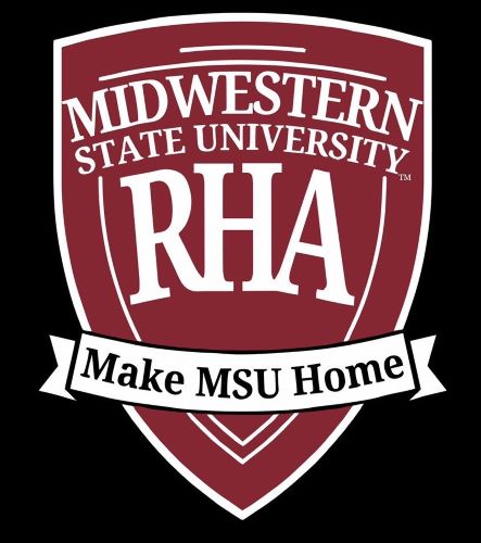 Residence Hall Association (RHA) logo. A maroon shield with a white border. 'RHA' in large letters takes up the middle of the shield with 'Midwestern State University' above and a white banner with the phrase 'Make MSU Home' below.