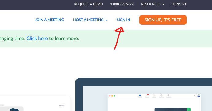 Click the "Sign in" link on the Zoom.com homepage. Join a Meeting, Host a meeting, Sign in.