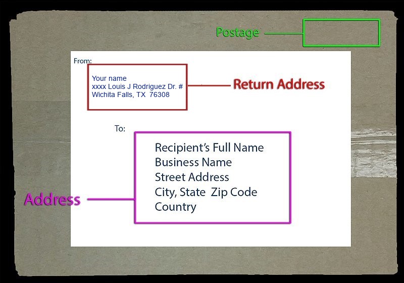 Include your return address in the upper left-hand corner of the envelope or package. Place the stamp or postage in the upper right-hand corner of the envelope.