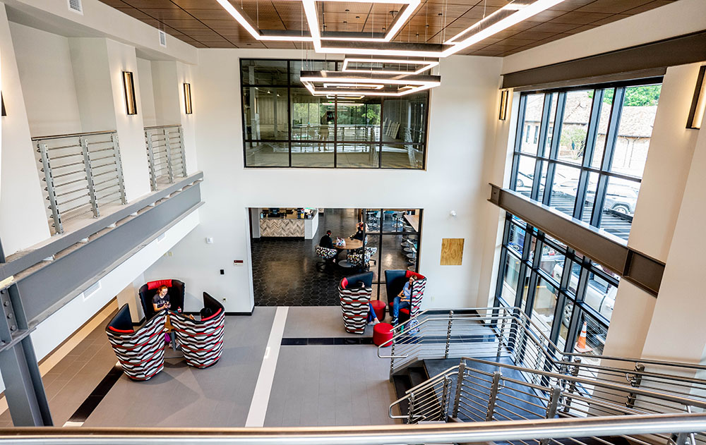 Looking downstairs as students gather in the Bridwell Activities Center