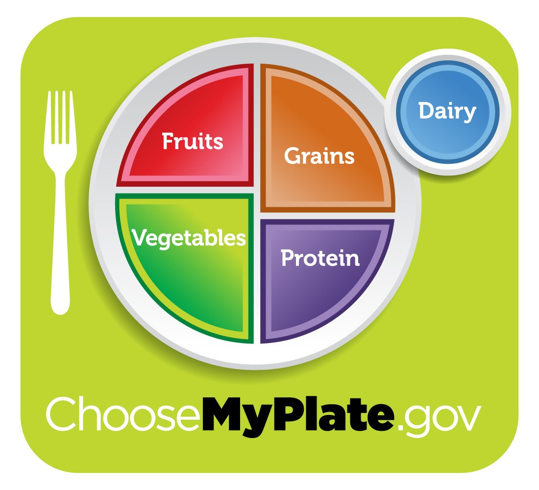 Choose My Plate Graphic of Fruits, Grains, Vegetables, Protein, and Dairy.