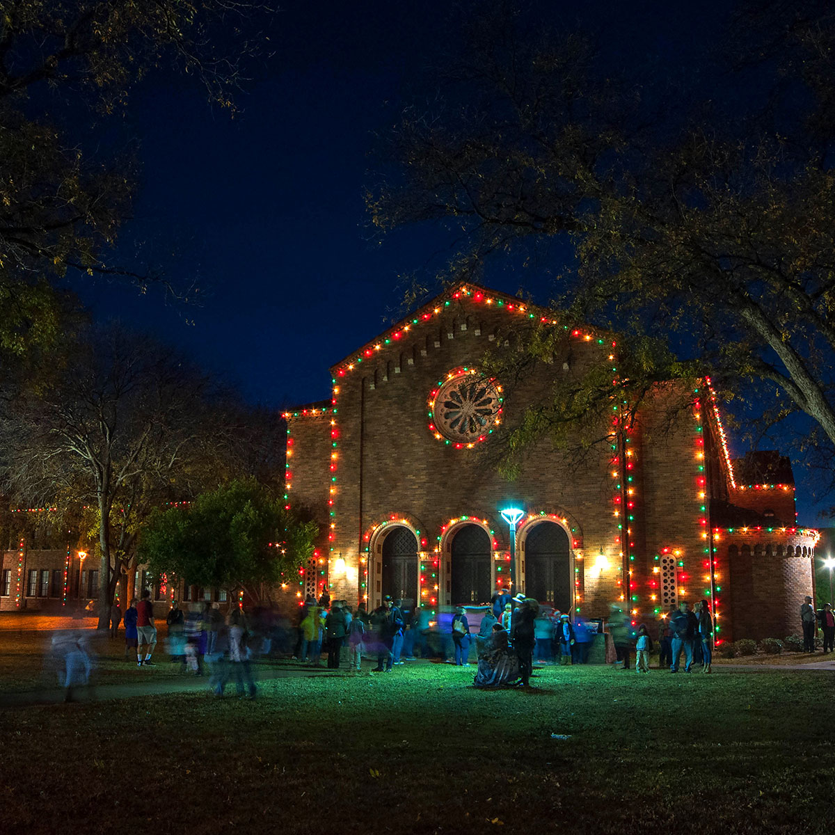 Akin decorated with holiday lights.